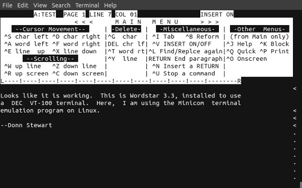 screenshot of wordstar